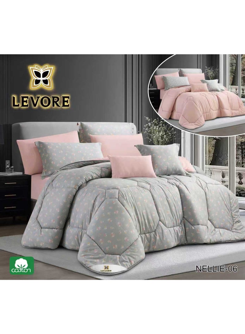 مفرش من ليفوري 8قطع قطن 100% ناعم مشجر وجهين صيفي بحشوة ومثبتة مناسب لسرير كينج NELLIE-06